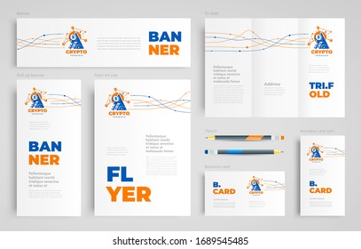 Crypto blockchain coin lines theme Set flyer cover, tri-fold, banner, roll up banner, business card