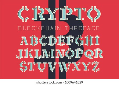 Crypto Blockchain - electronic coin style font. Digital currency alphabet letters set. Vector illustration