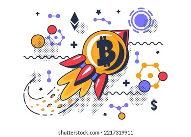 Crypto blockchain mining cryptocurrency vector. Bitcoin digital coin money flying rocket, financial strategy for earning electronic wealth. Dollar and ethereum finance flat cartoon illustration
