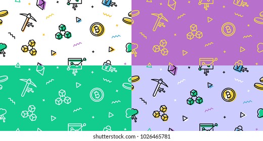 Crypto Blockchain Seamless Pattern Icon Cryptocurrency Bitcoin Ethereum Mining Outline Background Wallpaper