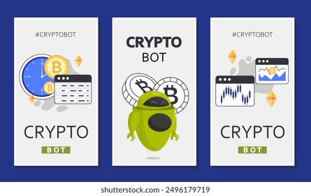 Crypto bot posters set. Cryptocurrency and Bitcoin mining. Investing and trading. Machine learning and artificial intelligence. Flat vector collection isolated on blue background