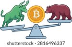 Crypto Bull vs Bear Market Balance Scale with Bitcoin Vector Illustration