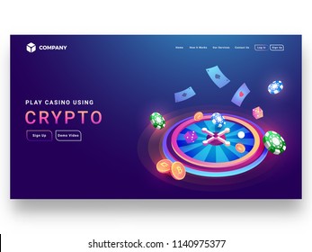 Crypto Casino Concept Isometric Design Of Roulette Wheel With Dice, Poker Chip, Coins, Playing Cards And Sign Up Page For Website Or Mobile Apps.