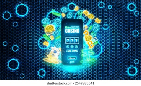 Concepto de alta tecnología de cripto casino. Anuncio de neón brillante futurista del casino con el móvil, portal fantástico, fichas del póker, bitcoin brillante y atado en un fondo azul de hexágonos. Diseño de Vector