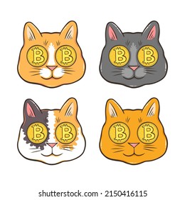 Gatos criptográficos con ojos de bitcoin de 4 pegatinas, diseño divertido dibujado a mano para pegatinas o estampados de camisetas para alguien que ame gatos y bitcoines