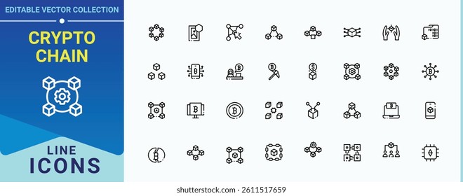 Crypto Chain icon collection. Pack of network, currency, mining, crypto, tech, bitcoin and more. Blockchain icon set. Outline icons in linear style. Vector illustration. Pixel perfect.