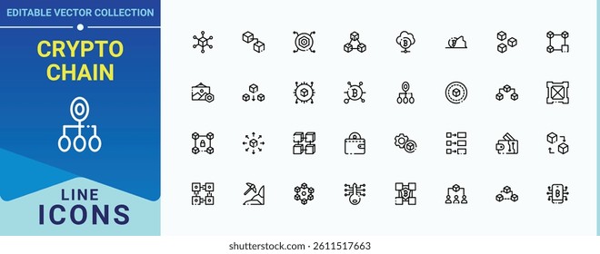 Crypto Chain icon collection. Pack of network, currency, mining, crypto, tech, bitcoin and more. Blockchain icon set. Outline icons in linear style. Vector illustration. Pixel perfect.