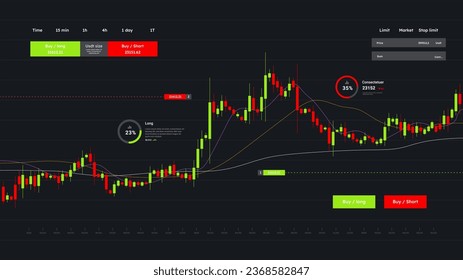 Crypto chart interface concept. Economy and trading. Financial literacy and passive income. Infographics and data visualization, statistics. Poster or banner. Flat vector illustration
