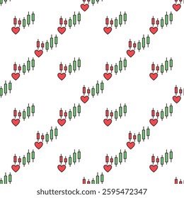 Crypto Chart Pattern and Red Heart vector Investment Passion concept colored seamless pattern