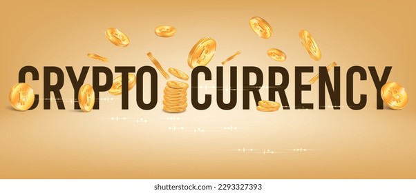 Crypto coin composition with flat text surrounded by realistic icons of golden coins glitter and stacks vector illustration