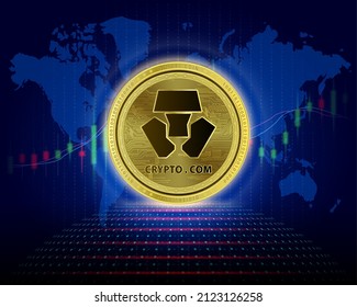 Crypto.com Coin (CRO) 3D Vector illustration. Cryptocurrency blockchain (crypto currency) Future digital replacement technology Silver golden virtual currency growth share chart is background.