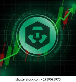 Crypto.com Coin (CRO) cryptocurrency value price going up concept design. Glowing Dash Coin on Green candle stick charts with black and green background.Vector Illustration.EPS10.