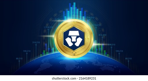 Crypto.com coin cryptocurrency with growth chart. Token crypto currency digital in blockchain stock market. Financial investment crypto trend trading concept. Banner for news on world map. Vector.