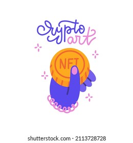 Crypto Coin Ganado por la venta de arte NTF. Intercambio manual de tokens no fungibles para el arte cripto basado en tecnología blockchain y monetización disruptiva en el mercado de coleccionables. Ilustración plana del vector