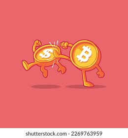 Kryptomünze, die eine Geldmünze bekämpft, Vektorgrafik. Finanzen, Kryptowährung, Economy Design Konzept.