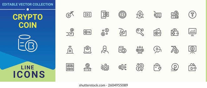 Crypto Coin icon. Contains related to bank, bit, wallet, finance, crypto and more. Bitcoin icon set. Minimalist editable vector stroke. Editable vector art.