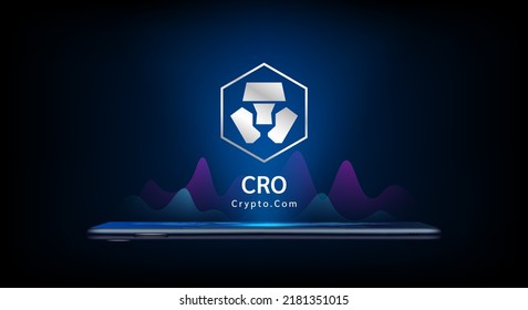Crypto.com coin icon crypto currency token symbol come out from smartphone with growth chart. Trading cryptocurrency on application. Financial investment. Banner for website or news. Vector EPS10. svg