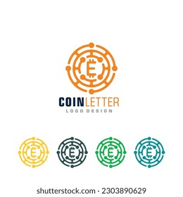 Moneda criptográfica Logo vector de letra E icono de moneda digital símbolo de dinero tecnología de minería de señales clipart