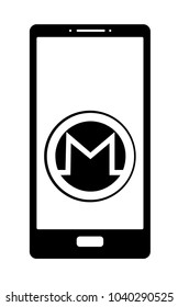crypto coin monero on  a screen phone, black and white vector icon 