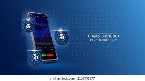 Crypto.Com coin and Phone. App for trading crypto currency on the touch screen smartphone. Data analytics stock market. Mobile banking cryptocurrency. Vector 3d. 