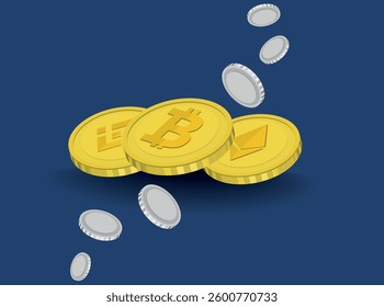 Crypto coin realistic composition flying single golden coins with engraved coinage symbols vector illustration