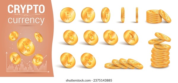 Moneda criptográfica composición realista con texto editable por grafo y conjunto aislado de iconos de pila de monedas doradas ilustración vectorial