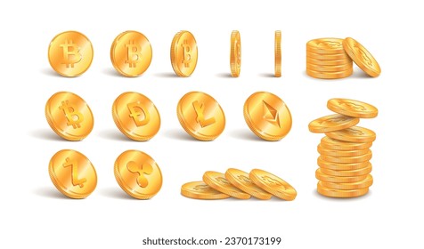 Moneda criptográfica realista con íconos aislados de monedas doradas con símbolos grabados que representan una determinada ilustración del vector simbólico