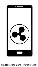 crypto coin ripple on  a screen phone, black and white vector icon 