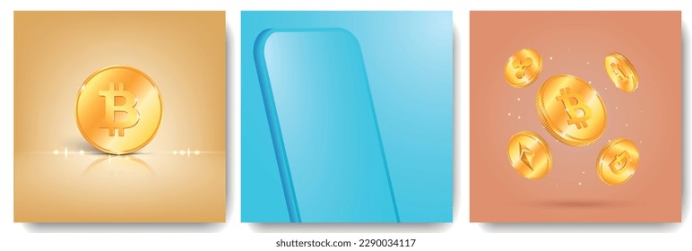 Crypto coin set of three square compositions with realistic images of golden coins and smartphone frame vector illustration