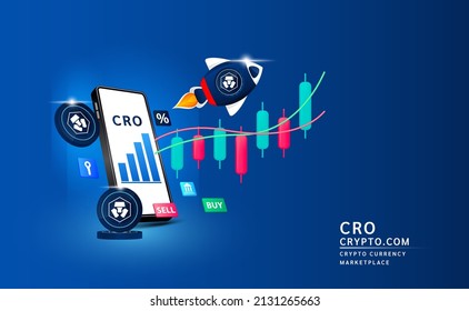 Crypto.com coin with spaceship flying leave smartphone to the sky and stock chart. App for trading crypto currency in stock market. Mobile banking cryptocurrency. 3d Vector illustration. 