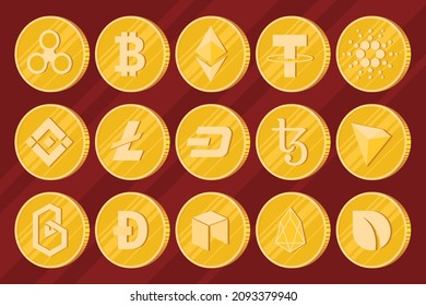Crypto coin vector illustration. Cryptocurrency physical coins set. Cryptocurrency icon set. Bitcoin, Ethereum, Litecoin, etc.