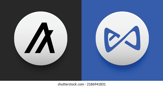 Crypto coins Algorand (ALGO) and Axie Infinity (AXS). Cryptocurrency based on block chain technology. Altcoin vector decentralized finance theme. Can be used for comparison and infographics template