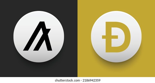 Crypto coins Algorand (ALGO) and Dogecoin (DOGE). Cryptocurrency based on block chain technology. Altcoin vector decentralized finance theme. Can be used for comparison and infographics template
