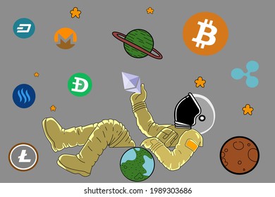 crypto coins and astronauts Boyd in space on planets and planets.