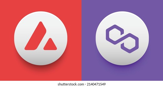 Monedas de criptografía Avalanche (AVAX) y Polygon (MATIC). Criptodivisa basada en tecnología de cadena de bloques. Tema de financiación descentralizada de vectores de Altcoin. Se puede utilizar para la plantilla de comparación e infografía