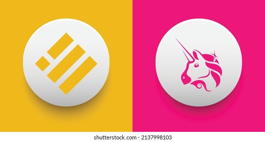 Crypto coins Binance USD (BUSD) and Uniswap (UNI). Cryptocurrency based on block chain technology. Altcoin vector decentralized finance theme. Can be used for comparison and infographics template