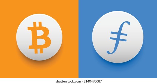 Monedas de criptografía Bitcoin (BTC) y Filecoin (FIL). Criptodivisa basada en tecnología de cadena de bloques. Tema de financiación descentralizada de vectores de Altcoin. Se puede utilizar para la plantilla de comparación e infografía