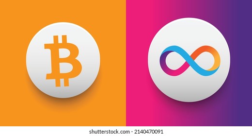 Crypto coins Bitcoin (BTC) and Internet Computer (ICP). Cryptocurrency based on block chain technology. Altcoin vector decentralized finance theme. Can be used for comparison and infographics template