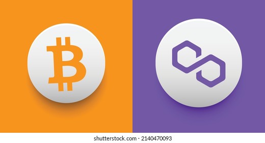 Crypto coins Bitcoin (BTC) and Polygon (MATIC). Cryptocurrency based on block chain technology. Altcoin vector decentralized finance theme. Can be used for comparison and infographics template
