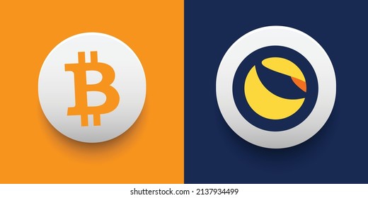 Crypto coins Bitcoin (BTC) and Terra (LUNA). Cryptocurrency based on block chain technology. Altcoin vector decentralized finance theme. Can be used for comparison and infographics template