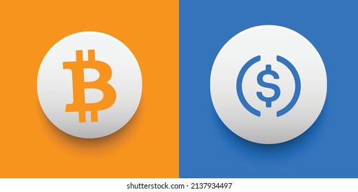 Crypto coins Bitcoin (BTC) and USD Coin (USDC). Cryptocurrency based on block chain technology. Altcoin vector decentralized finance theme. Can be used for comparison and infographics template