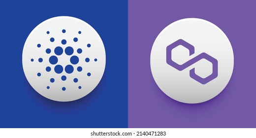 Crypto coins Cardano (ADA) and Polygon (MATIC). Cryptocurrency based on block chain technology. Altcoin vector decentralized finance theme. Can be used for comparison and infographics template
