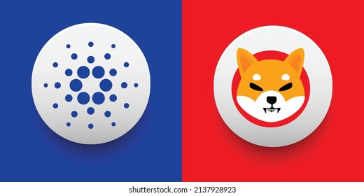 Monedas de criptografía Cardano (ADA) y Shiba Inu (SHIB). Criptodivisa basada en tecnología de cadena de bloques. Tema de financiación descentralizada de vectores de Altcoin. Se puede utilizar para la plantilla de comparación e infografía