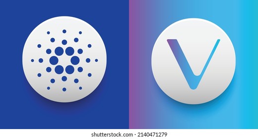 Crypto coins Cardano (ADA) and VeChain (VET). Cryptocurrency based on block chain technology. Altcoin vector decentralized finance theme. Can be used for comparison and infographics template