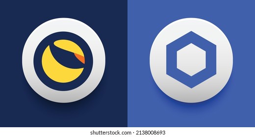 Crypto coins Chainlink (LINK) and Terra (LUNA). Cryptocurrency based on block chain technology. Altcoin vector decentralized finance theme. Can be used for comparison and infographics template