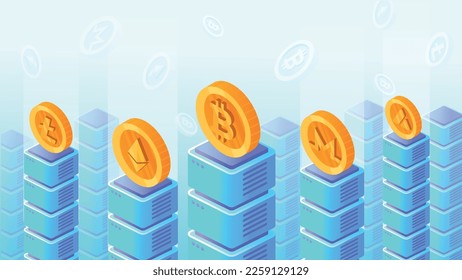 Crypto coins concept. Bitcoin and litecoin, blockchain technology. Investment and trading, economics. Private money, financial literacy and passive income. Cartoon isometric vector illustration