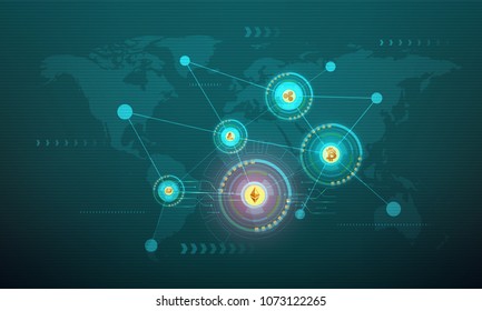 Crypto coins connected with each others on world map background.