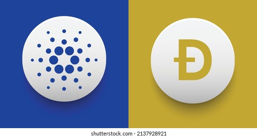 Crypto coins Dogecoin (DOGE) and Cardano (ADA). Cryptocurrency based on block chain technology. Altcoin vector decentralized finance theme. Can be used for comparison and infographics template