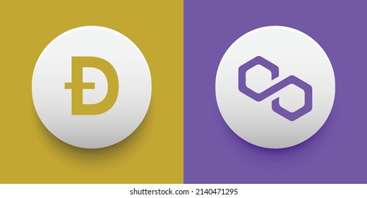 Crypto coins DOGECoin (DOGE) and Polygon (MATIC). Cryptocurrency based on block chain technology. Altcoin vector decentralized finance theme. Can be used for comparison and infographics template