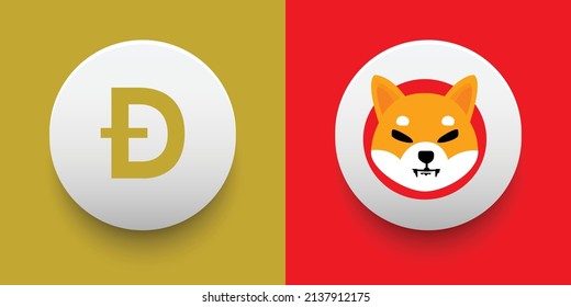 Crypto coins Dogecoin (DOGE) and Shiba Inu (SHIB). Cryptocurrency based on block chain technology. Altcoin vector decentralized finance theme. Can be used for comparison and infographics template